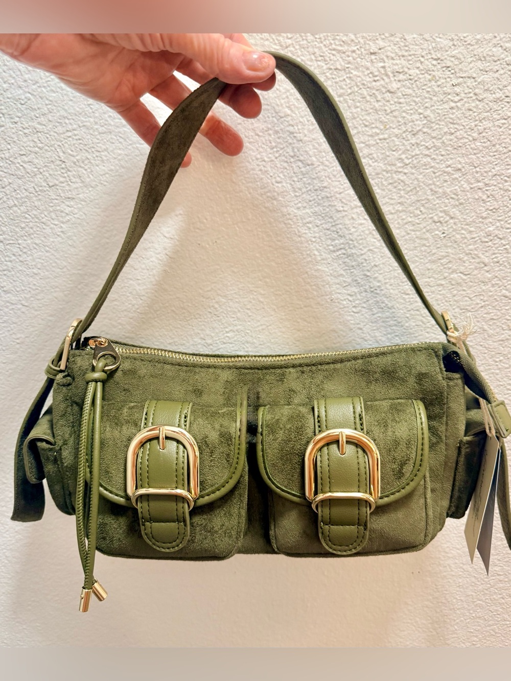 Universal Thread Olive Green Suede Shoulder Bag with Buckle Pockets